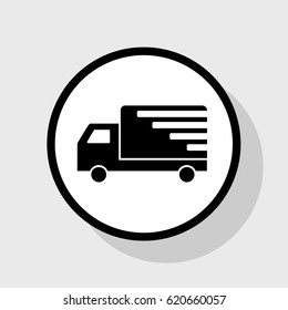 Delivery sign illustration. Vector. Flat black icon in white circle with shadow at gray background.