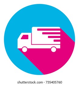 Delivery sign illustration. Vector. Flat white icon with mexican pink shadow inside sky blue(S and G) circle at white background. Isolated. Trend colors in 2017.