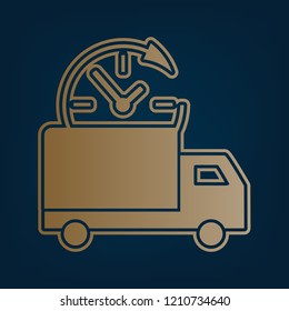 Delivery sign illustration. Vector. Golden icon and border at dark cyan background.