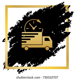 Delivery sign illustration. Vector. Golden icon at black spot inside golden frame on white background.
