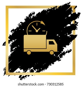 Delivery sign illustration. Vector. Golden icon at black spot inside golden frame on white background.