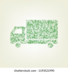 Delivery sign illustration. Vector. Green hexagon rastered icon and noised opacity and size at light green background with central light.