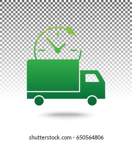 Delivery sign illustration. Vector. Green gradient icon with shadow at bottom on transparent and white background.