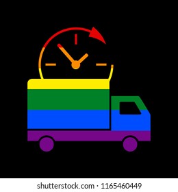 Delivery sign illustration. Vector. Icon with colors of LGBT flag at black background.