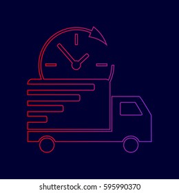 Delivery sign illustration. Vector. Line icon with gradient from red to violet colors on dark blue background.
