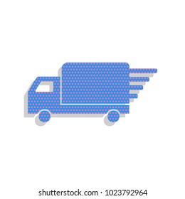 Delivery sign illustration. Vector. Neon blue icon with cyclamen polka dots pattern with light gray shadow on white background. Isolated.