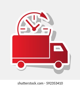 Delivery sign illustration. Vector. New year reddish icon with outside stroke and gray shadow on light gray background.