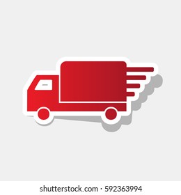 Delivery sign illustration. Vector. New year reddish icon with outside stroke and gray shadow on light gray background.