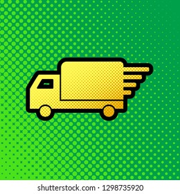 Delivery sign illustration. Vector. Pop art orange to yellow dots-gradient icon with black contour at greenish background.