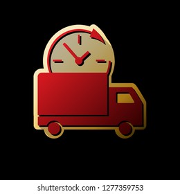 Delivery sign illustration. Vector. Red icon with small black and limitless shadows at golden sticker on black background.