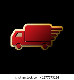 Delivery sign illustration. Vector. Red icon with small black and limitless shadows at golden sticker on black background.