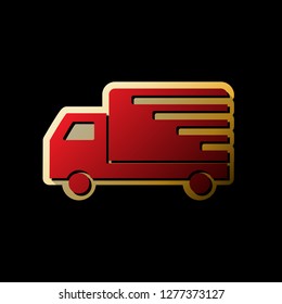 Delivery sign illustration. Vector. Red icon with small black and limitless shadows at golden sticker on black background.