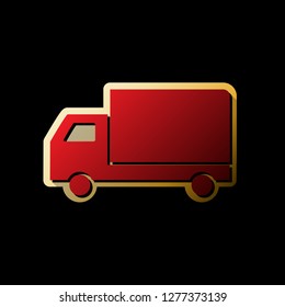 Delivery sign illustration. Vector. Red icon with small black and limitless shadows at golden sticker on black background.