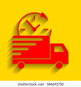 Delivery sign illustration. Vector. Red icon with soft shadow on golden background.