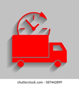 Delivery sign illustration. Vector. Red icon with soft shadow on gray background.