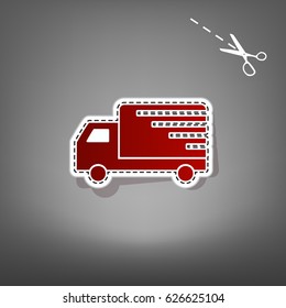 Delivery sign illustration. Vector. Red icon with for applique from paper with shadow on gray background with scissors.