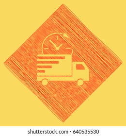 Delivery sign illustration. Vector. Red scribble icon obtained as a result of subtraction rhomb and path. Royal yellow background.