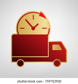 Delivery sign illustration. Vector. Red icon on gold sticker at light gray background.