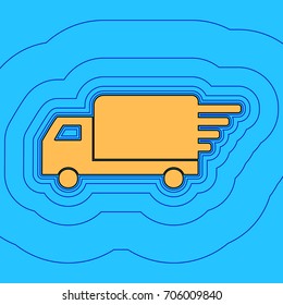 Delivery sign illustration. Vector. Sand color icon with black contour and equidistant blue contours like field at sky blue background. Like waves on map - island in ocean or sea.