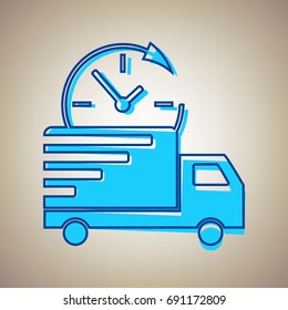 Delivery sign illustration. Vector. Sky blue icon with blue contour on beige background.