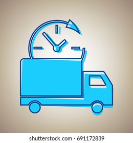 Delivery sign illustration. Vector. Sky blue icon with blue contour on beige background.
