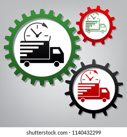 Delivery sign illustration. Vector. Three connected gears with icons at grayish background.