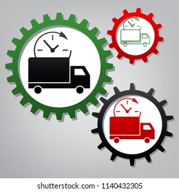 Delivery sign illustration. Vector. Three connected gears with icons at grayish background.