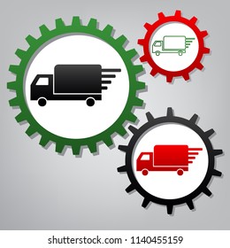 Delivery sign illustration. Vector. Three connected gears with icons at grayish background.