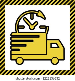 Delivery sign illustration. Vector. Warm yellow icon with black contour in frame named as under construction at white background. Isolated.