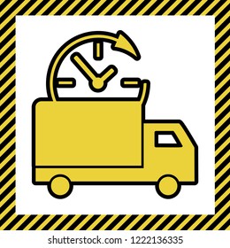 Delivery sign illustration. Vector. Warm yellow icon with black contour in frame named as under construction at white background. Isolated.