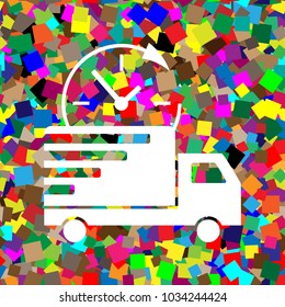 Delivery sign illustration. Vector. White icon on colorful background with seamless pattern from squares.