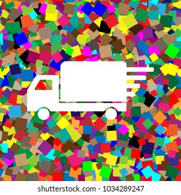 Delivery sign illustration. Vector. White icon on colorful background with seamless pattern from squares.