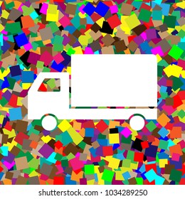 Delivery sign illustration. Vector. White icon on colorful background with seamless pattern from squares.