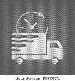 Delivery sign illustration. Vector. White knitted icon on gray knitted background. Isolated.