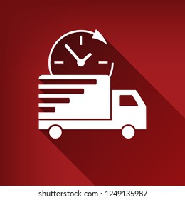 Delivery sign illustration. Vector. White icon with limitless shadow at ruby red background.
