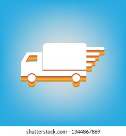 Delivery sign illustration. Vector. White icon with 3d warm-colored gradient body at sky blue background.