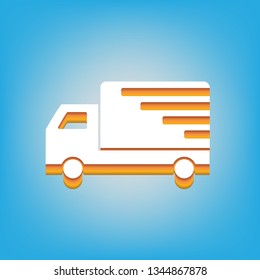 Delivery sign illustration. Vector. White icon with 3d warm-colored gradient body at sky blue background.