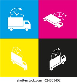 Delivery sign illustration. Vector. White icon with isometric projections on cyan, magenta, yellow and black backgrounds.