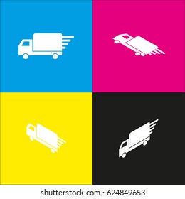 Delivery sign illustration. Vector. White icon with isometric projections on cyan, magenta, yellow and black backgrounds.