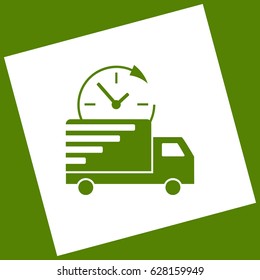 Delivery sign illustration. Vector. White icon obtained as a result of subtraction rotated square and path. Avocado background.