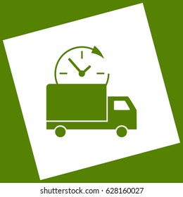 Delivery sign illustration. Vector. White icon obtained as a result of subtraction rotated square and path. Avocado background.