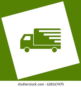 Delivery sign illustration. Vector. White icon obtained as a result of subtraction rotated square and path. Avocado background.