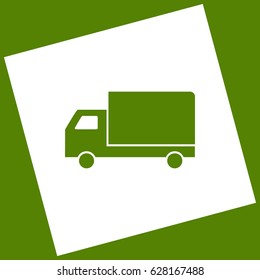 Delivery sign illustration. Vector. White icon obtained as a result of subtraction rotated square and path. Avocado background.
