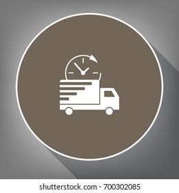 Delivery sign illustration. Vector. White icon on brown circle with white contour and long shadow at gray background. Like top view on postament.