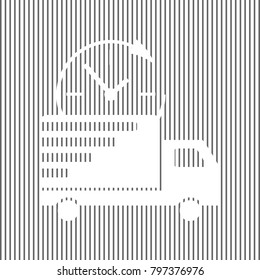 Delivery sign illustration. Vector. White icon on grayish striped background. Optical illusion.