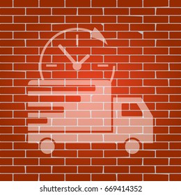 Delivery sign illustration. Vector. Whitish icon on brick wall as background.