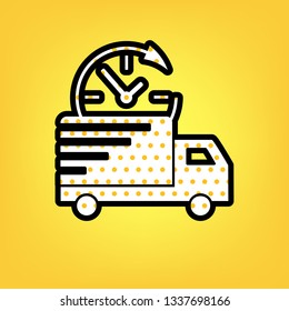 Delivery sign illustration. Vector. Yellow polka dot white icon with black contour at warm yellow background.