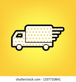 Delivery sign illustration. Vector. Yellow polka dot white icon with black contour at warm yellow background.