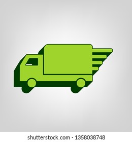 Delivery sign illustration. Vector. Yellow green solid icon with dark green external body at light colored background.