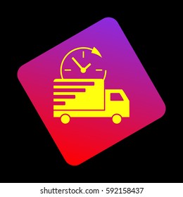 Delivery sign illustration. Vector. Yellow icon at violet-red gradient square with rounded corners rotated for dynamics on black background.